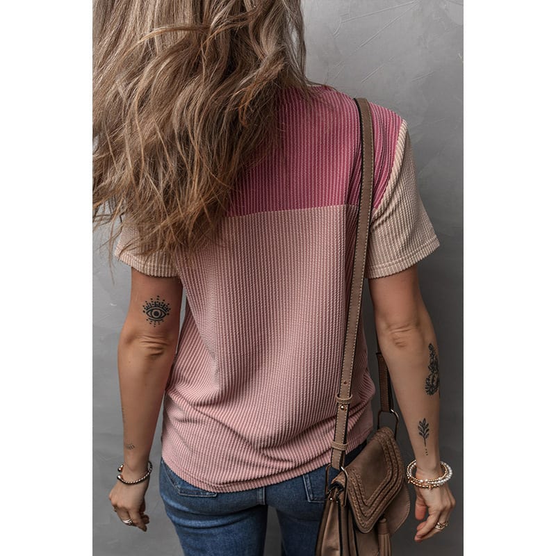 Color Matching Rib Short-sleeved T-shirt Round Neck Three-quarter Sleeve Top view 14