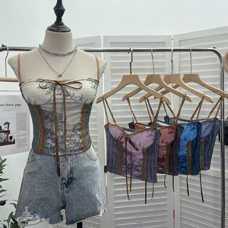 Vintage Ink Painting With Chest Pad Short Lace Up Tube Top For Women view 10