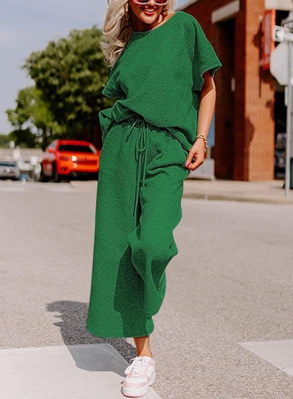 Solid Color Texture Casual Fashion Women's Wear Short-sleeved Trousers Two-piece Set view 17