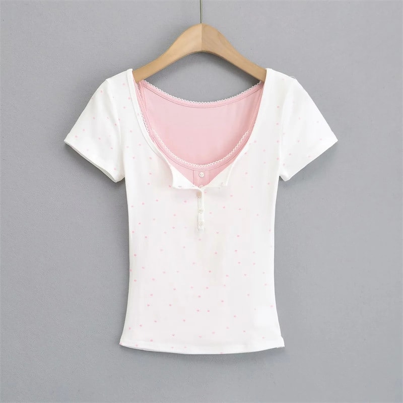 Sweet Girl Polka Dot Breasted Shoulder Short Sleeve Design Two-piece Set view 7
