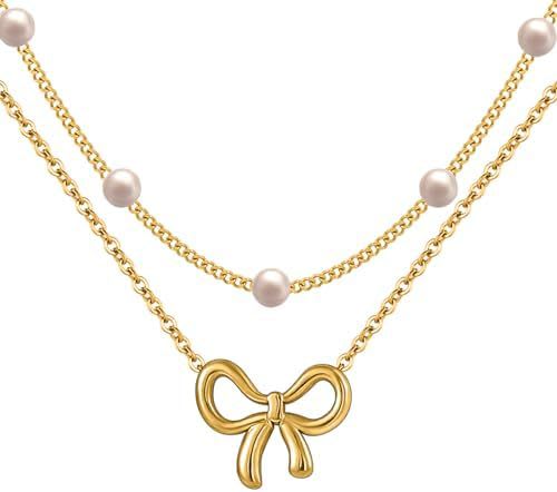 Simple Pearl Double Layer Choker Fashion Gold Color Necklaces Chain Small Bow Pendant Necklace Jewelry Gifts For Women Fashion Jewelry Valentine's Day Gifts view 4