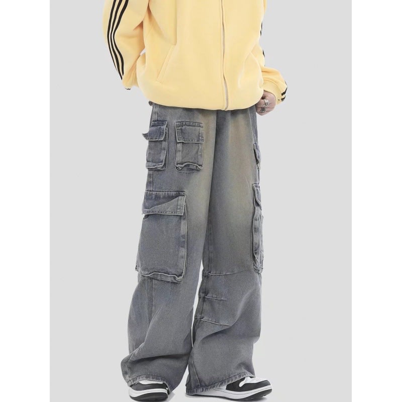American Retro Multi-pocket Straight Cargo Jeans view 2