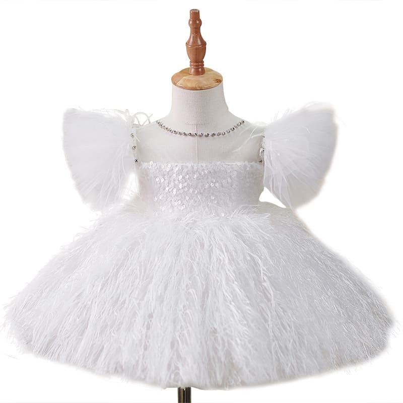 Girls Sequins White Flying Sleeves Feather Dress view 6