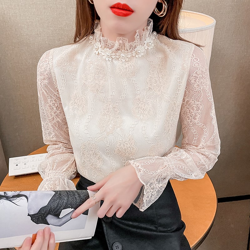 Fashion European Fleece-lined Thick Lace Bottoming Shirt Western Style Chiffon Small Shirt For Women view 2
