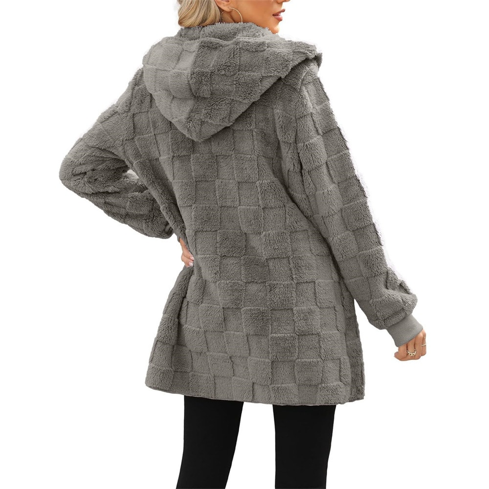 Cardigan Plaid Jacquard Hooded Pocket Plush Cardigan Jacket view 2