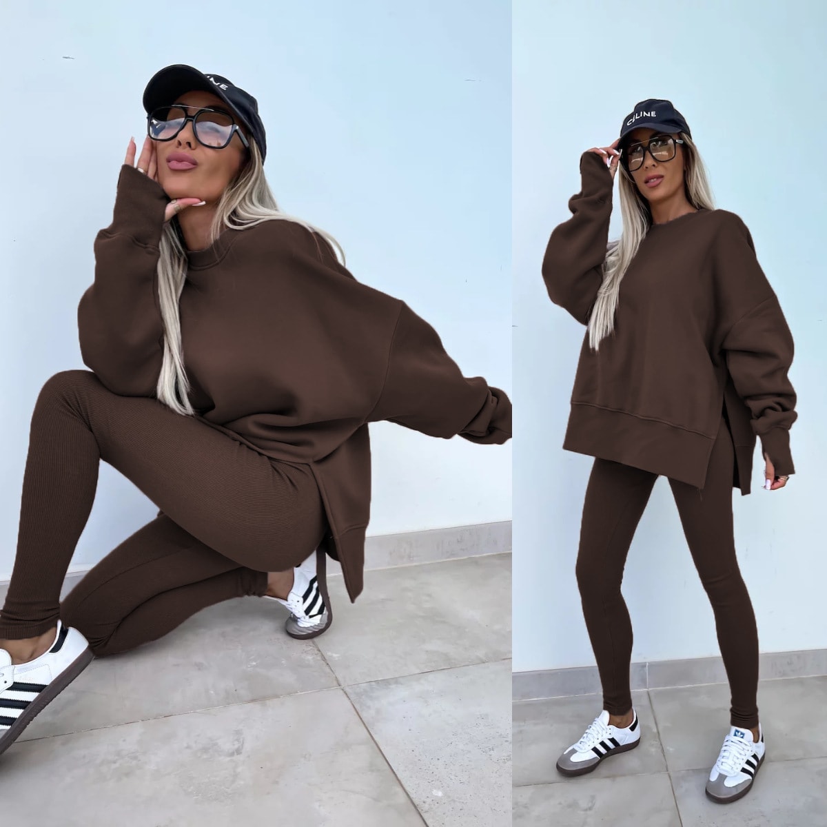 Sweater Suit Women's Casual Loose Long Sleeve Crew Neck Split Top Tight Trousers view 25