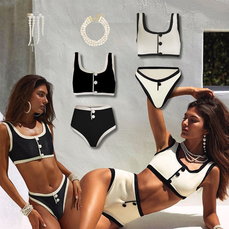 Sexy Black And White Color Matching High Waist Split Bikini Swimsuit view 11