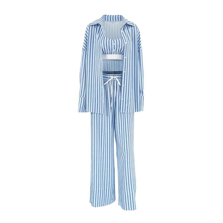 Women's 3 Piece Suit  Y2K Aesthetic Striped Tank Top Long Sleeve Shirt And Elastic Waist Stretch Trousers For Casual Wear view 2