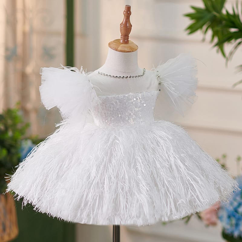 Girls Sequins White Flying Sleeves Feather Dress view 11