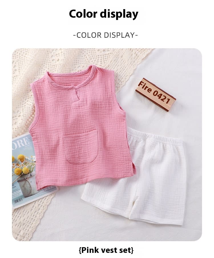 Children Two-piece Cotton Solid Color Double-layer Yarn Vest Short Home Pajamas view 2