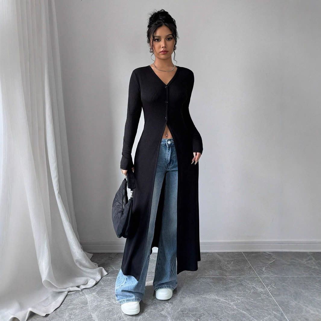 European And American Solid Color Long Button Cardigan Slim Fit Slimming Top Women view 2