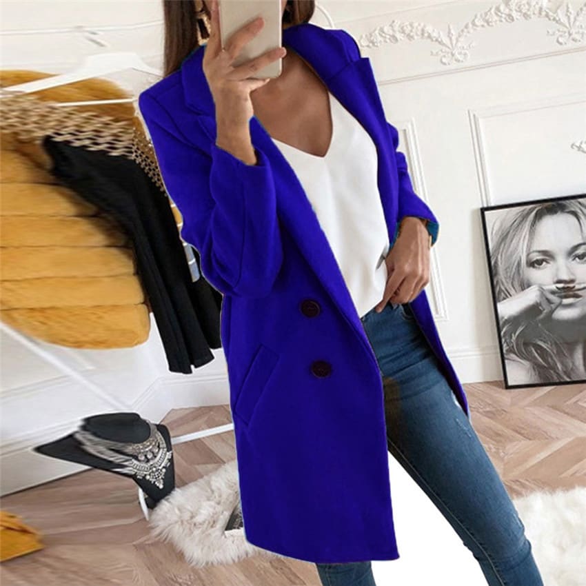 Solid Color Polo Collar Mid-length Button Woolen Coat view 10