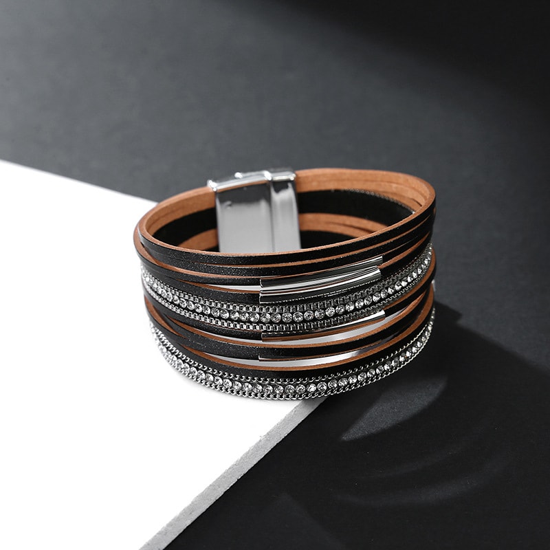 Multi-layer Genuine Leather Slim Chain Copper Tube Stick-on Crystals Bracelet view 2