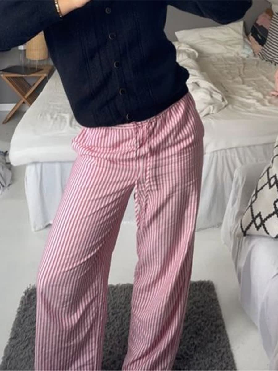 Striped Printed Elastic Waist Drawstring Pocket Straight Casual Trousers view 13