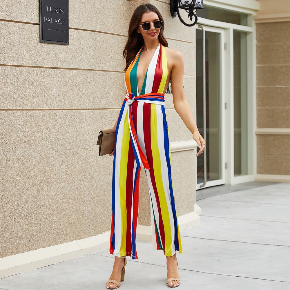 Women's V-neck Colorful Striped Jumpsuit view 1