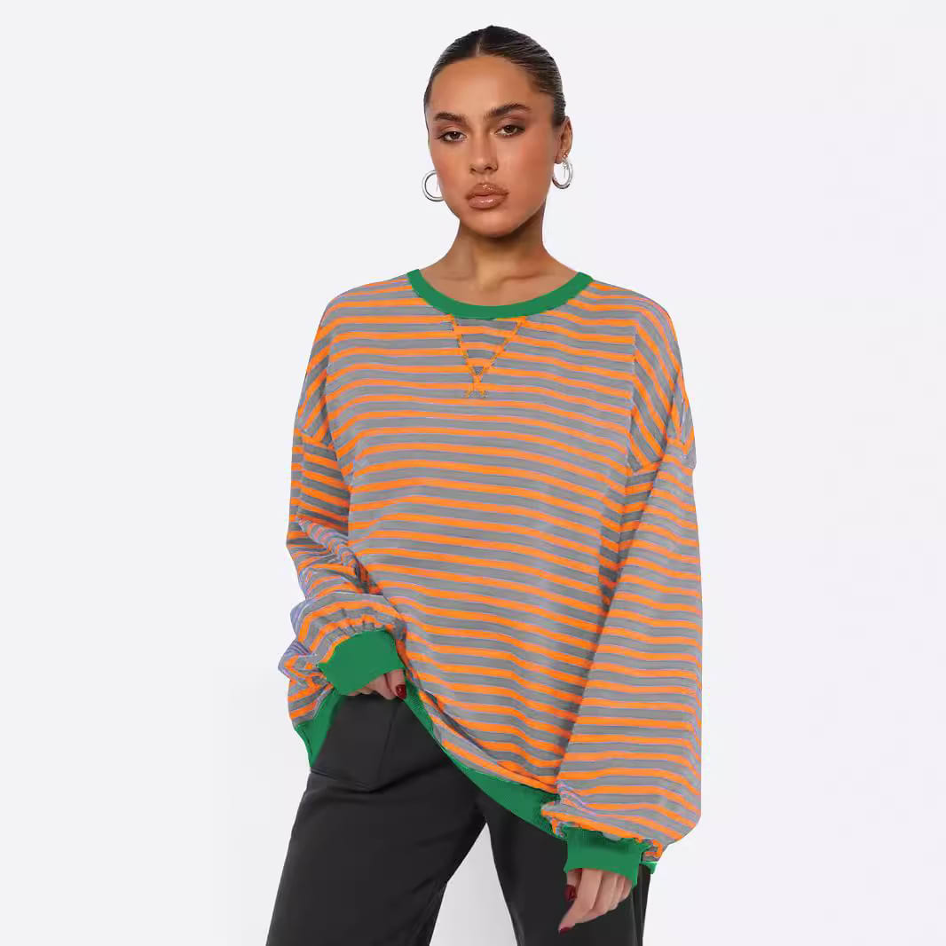 Women's Fashion Round Neck Striped Sweater Loose Bishop Sleeves Top view 3