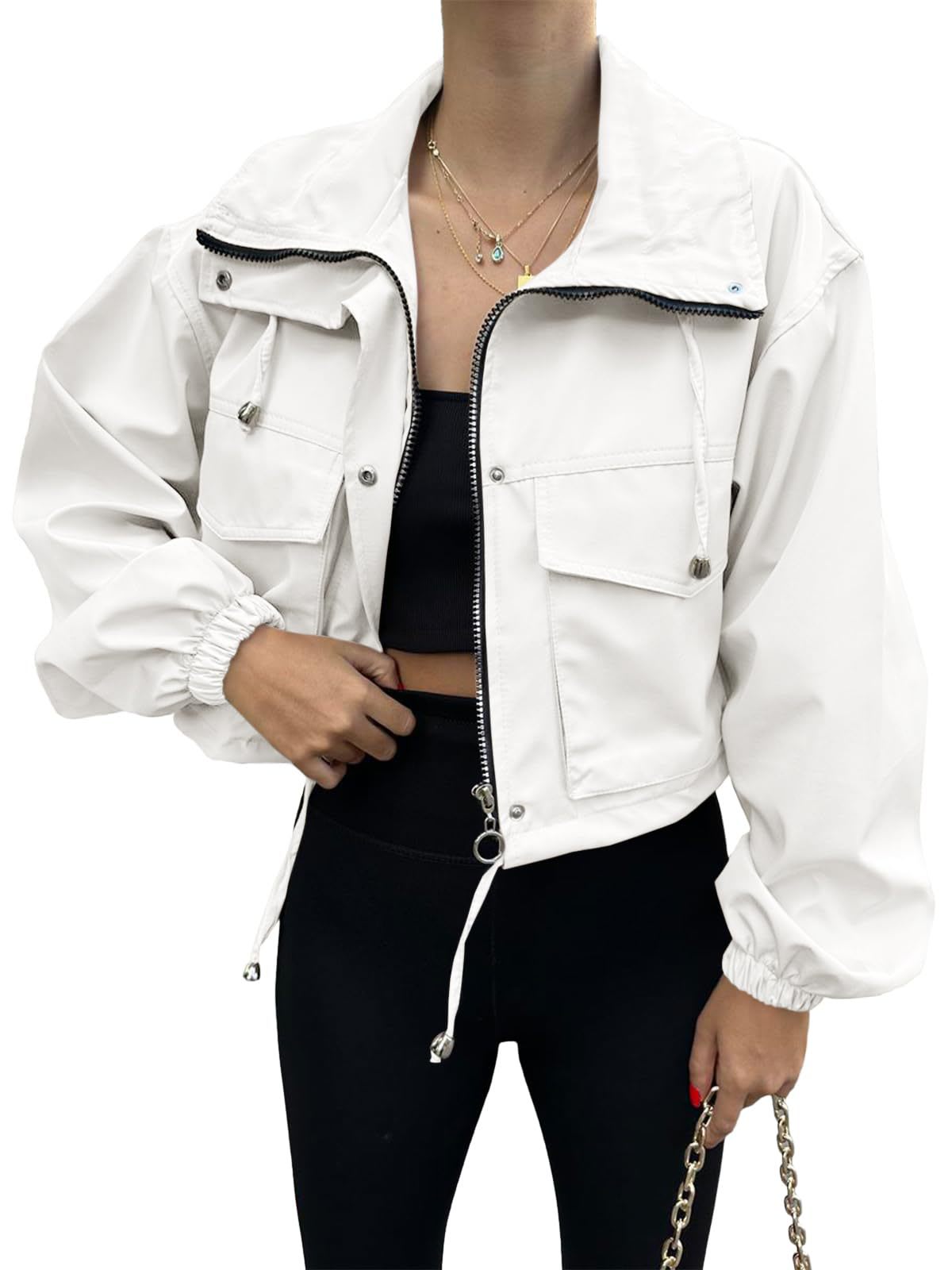 Solid Color Women's Short Jacket Zipper Trench Coat view 3