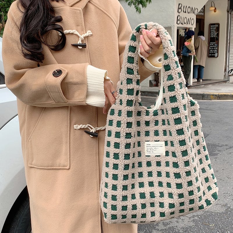 Waffle Flannel Bag Tote Bag Large Capacity Commute Minimalist Student Class Bag view 21
