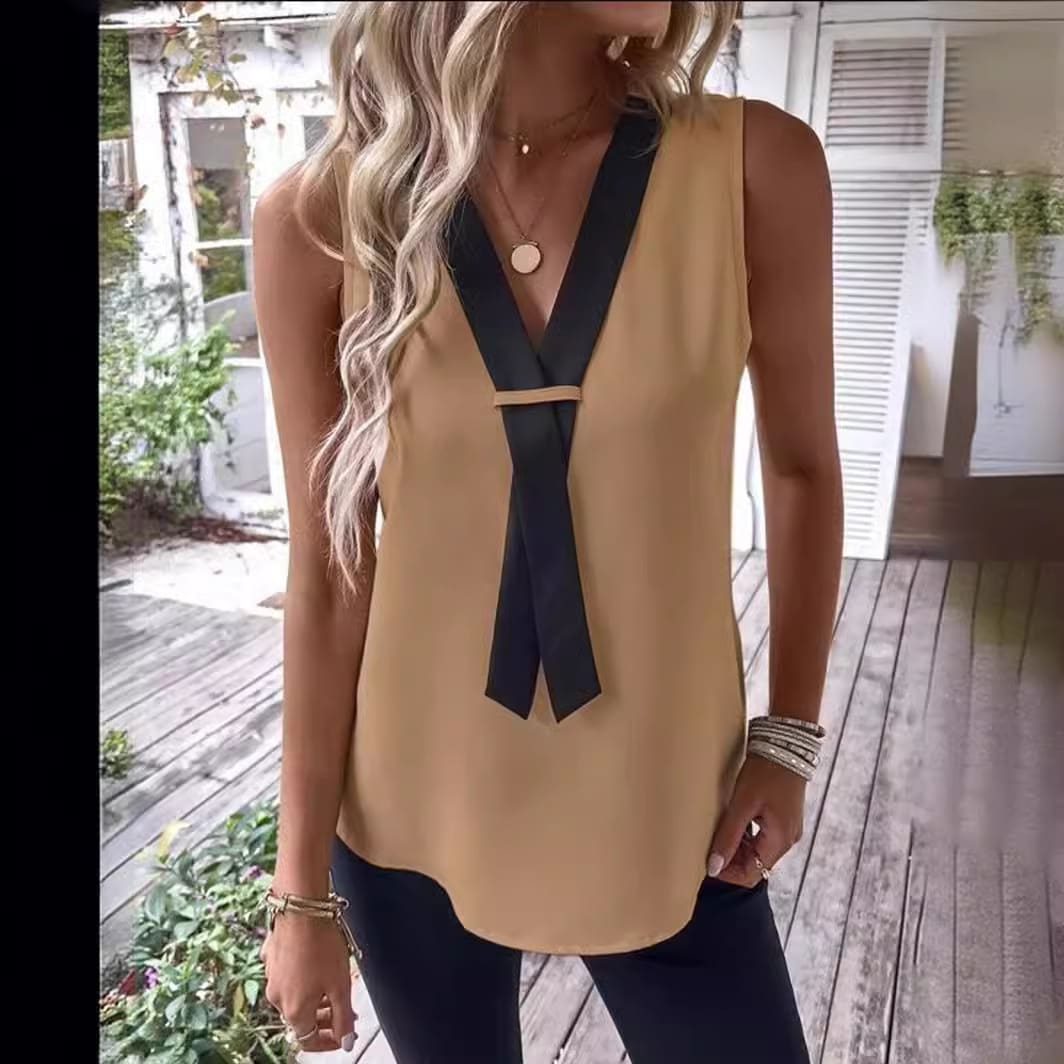 Women's V-color Contrasting Sleeveless Casual Shirt view 5