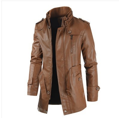 Men's Mid-length Leather Coat Stand Collar Fleece-lined Thickened view 8