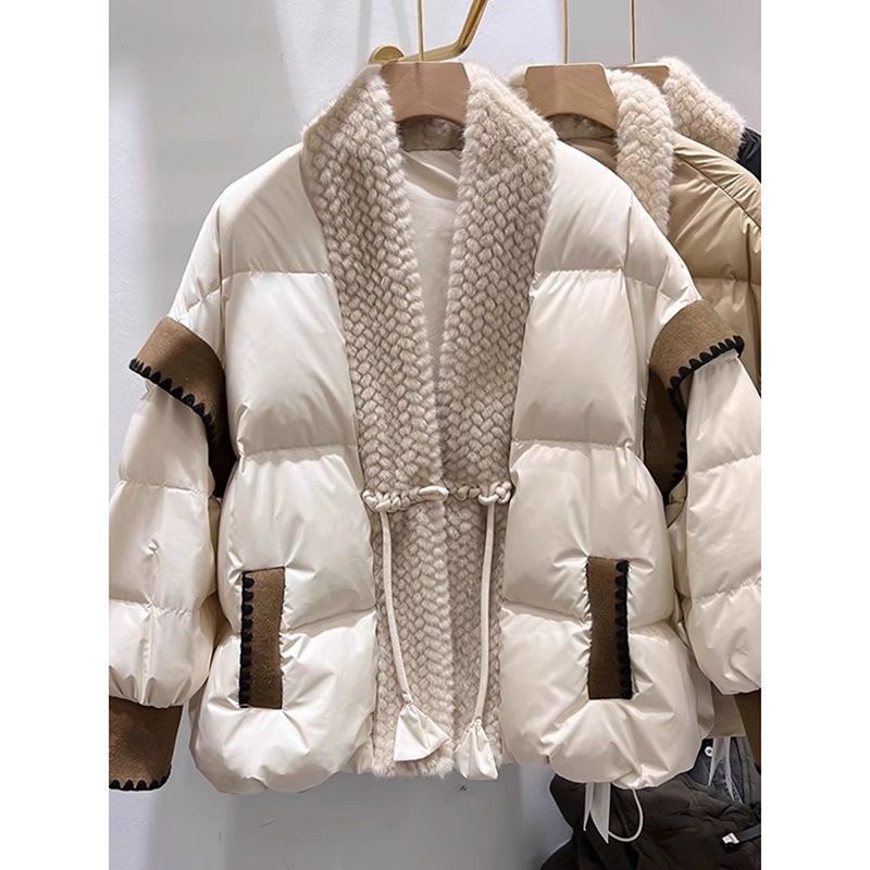 V-neck Frog Button Stitching Furry Padded Down Jacket Cotton-padded Coat view 3