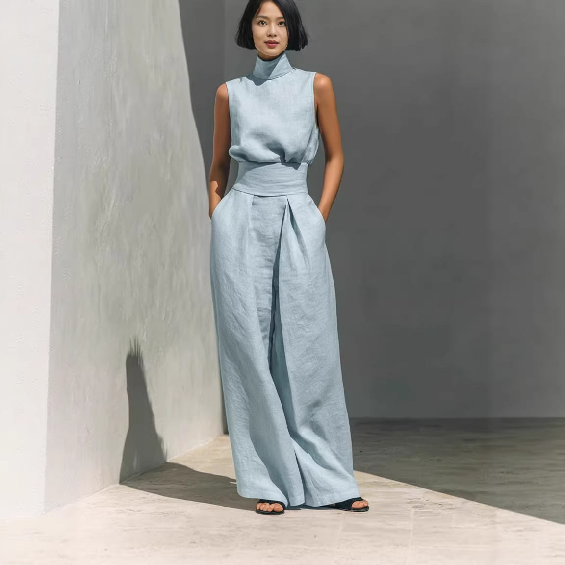 Casual Sleeveless Suit Summer Stand-up Collar Pullover Top And Loose Straight-leg Trousers Women's Clothing view 2