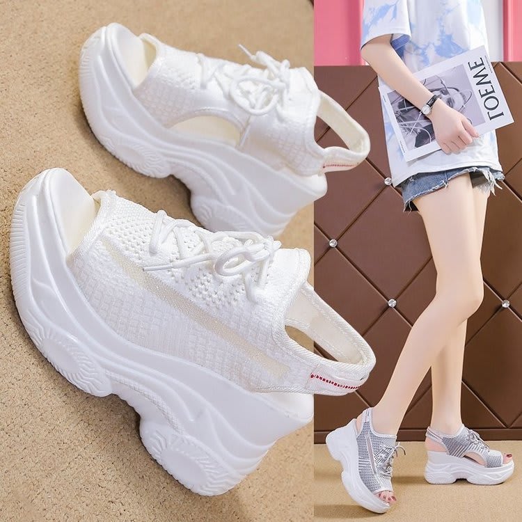 Women's Platform Mesh Surface Breathable Lace-up Wedge Sandals view 10