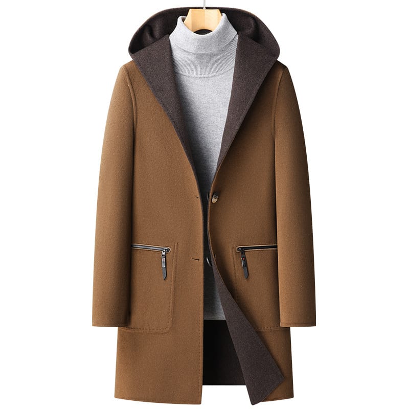 Fall Winter Hooded Double-sided Wear Wool Overcoat Men's Mid-length view 3