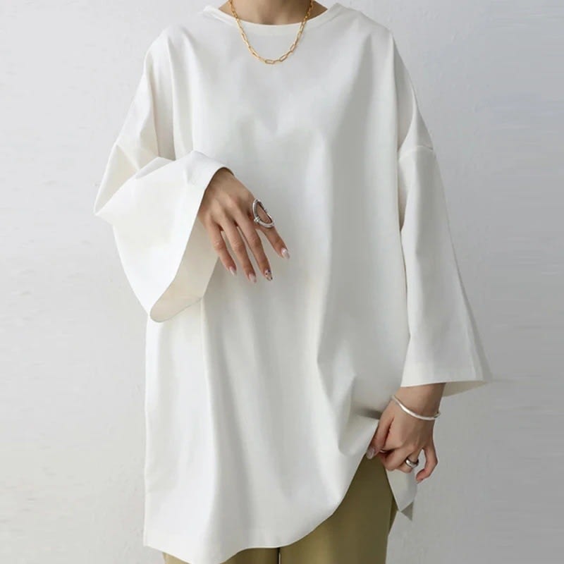 Women's Spring And Summer Solid Color Crew Neck Split Long Sleeve Loose Top view 4