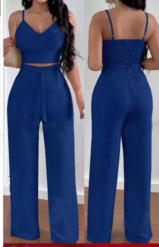 Women's Solid Color Slim Elastic Pleated Two-Piece Suit Sexy Spaghetti Strap V-neck Backless Vest High Waist Wide Leg Pants Suit view 2