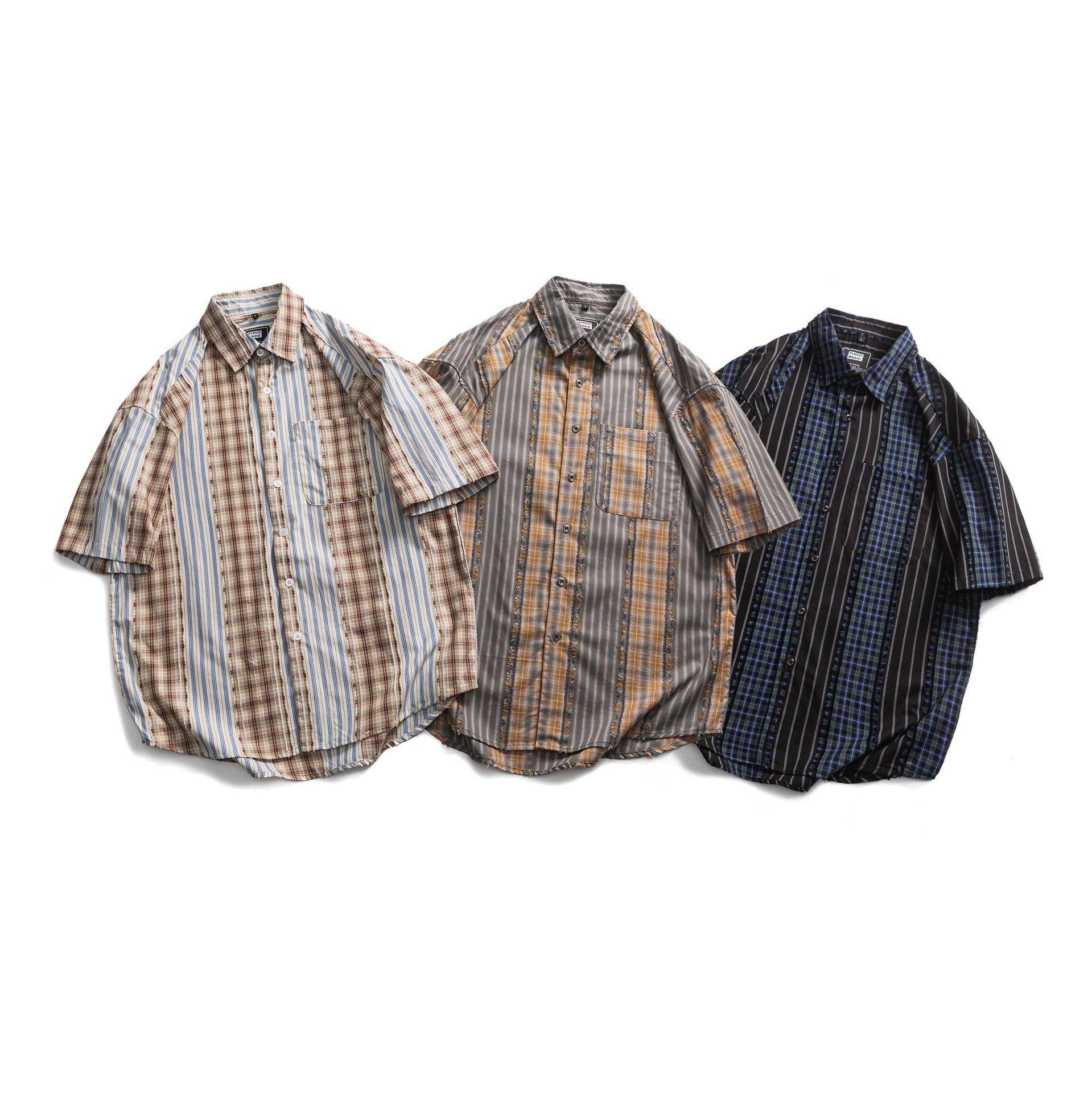 Striped Plaid Colorblock Frayed Short-sleeved Shirt view 4