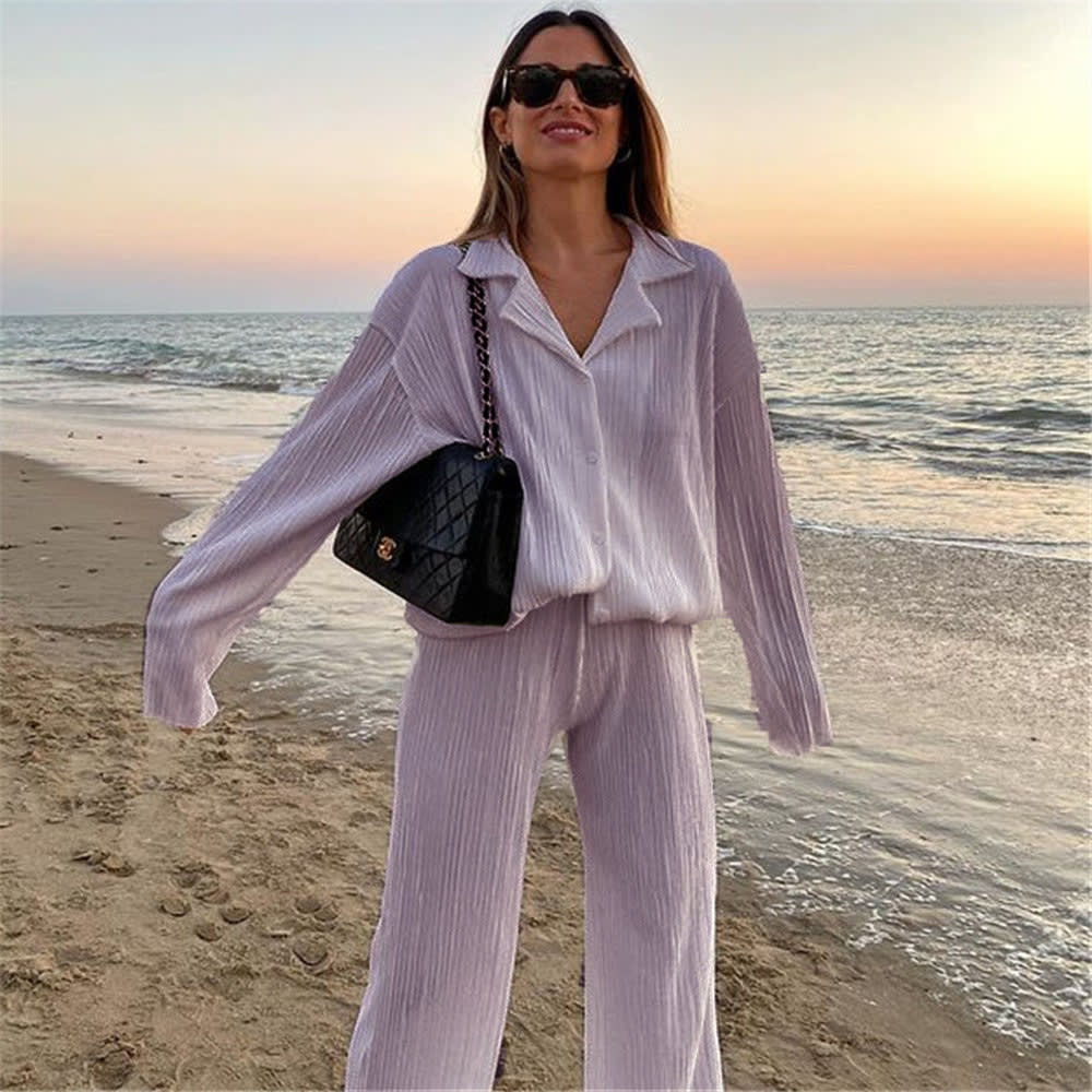 Pleated Design Shirt Outfit Straight-leg Trousers Loose Drooping Two-piece Set view 5