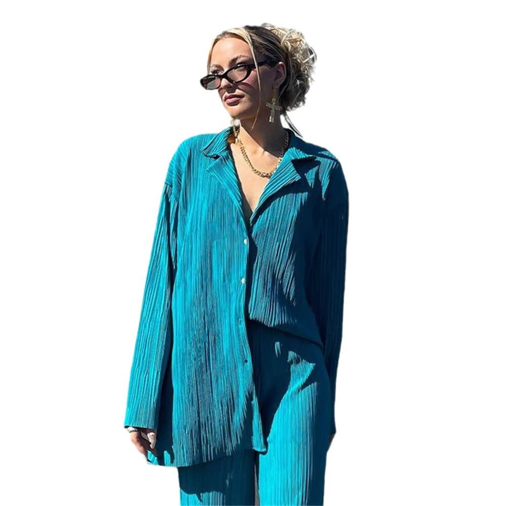 Pleated Design Shirt Outfit Straight-leg Trousers Loose Drooping Two-piece Set view 14