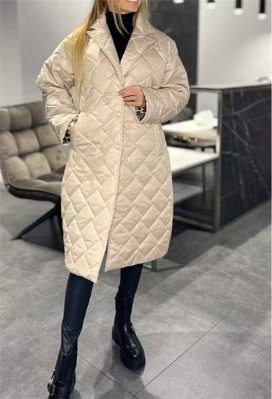 Winter Rhombus Stitching Coat Warm Solid Color Pocket Lapel Long Jacket Women's Clothing view 10