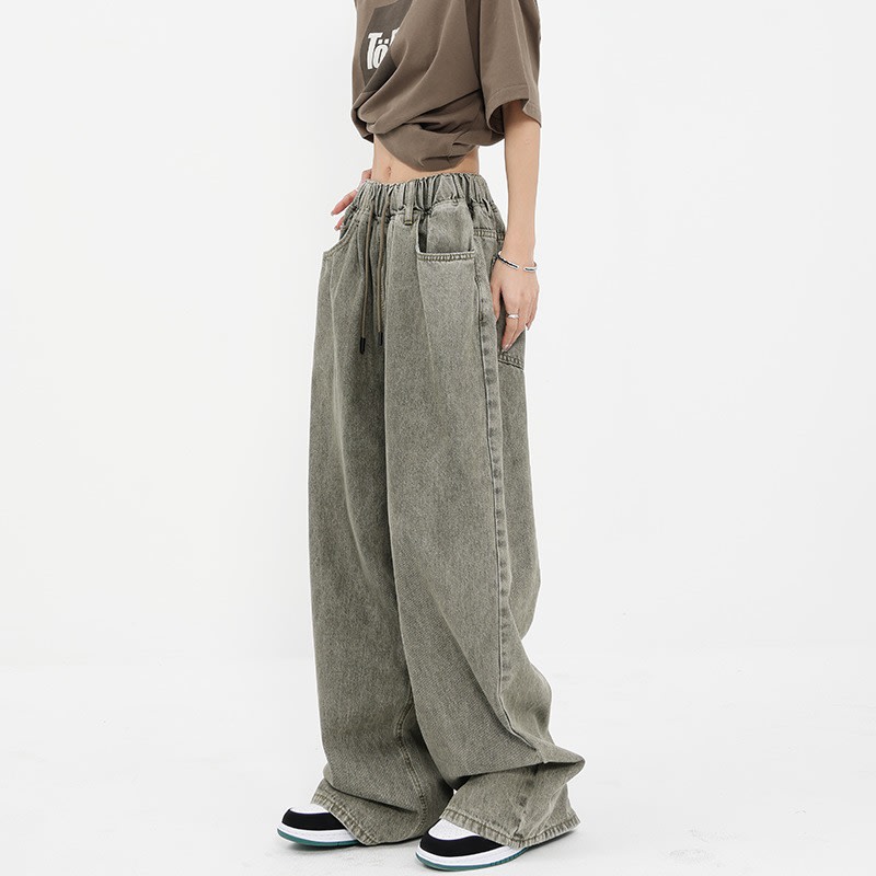 Retro Worn Looking Washed-out Drawstring Jeans For Women view 3