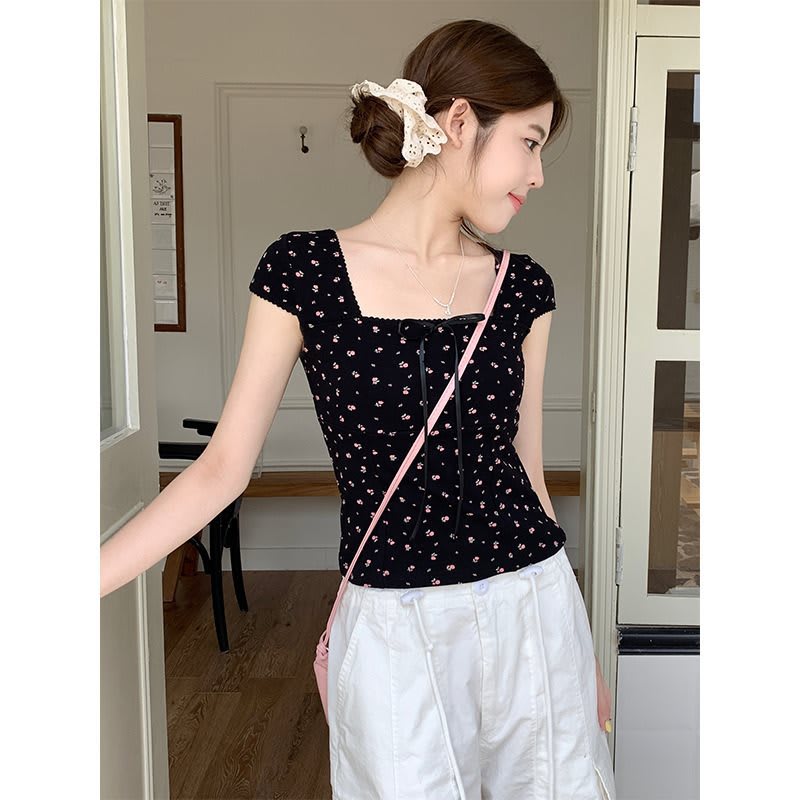 Women's Summer Slim Fit Niche Chic Square Collar Short Sleeve T-shirt Top view 42