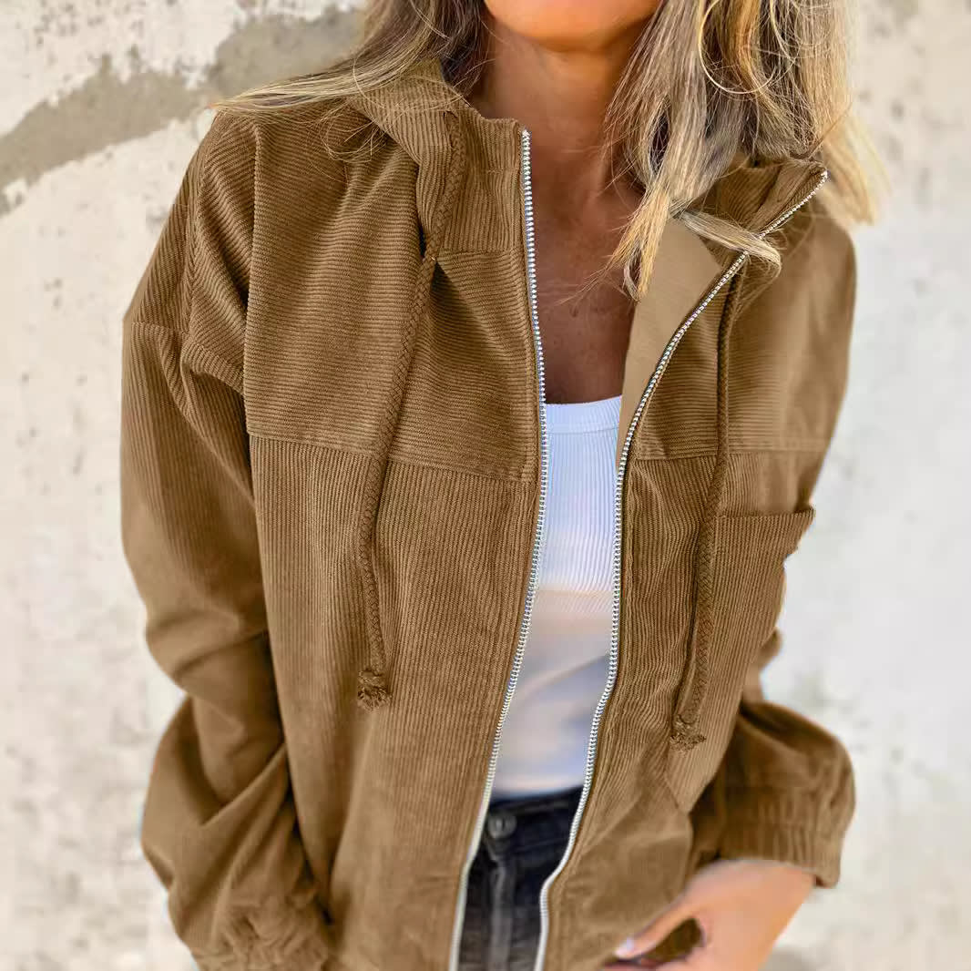 Solid Color Women's Corduroy Hooded Jacket view 1