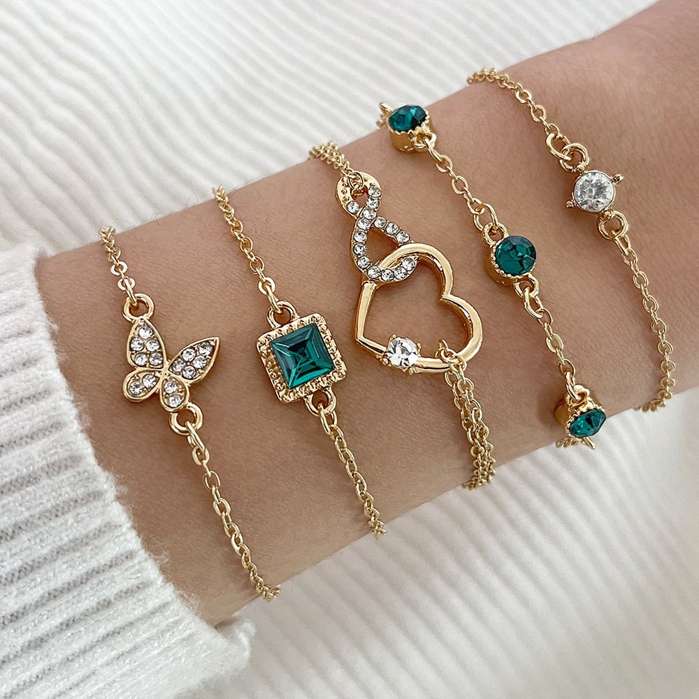 Bohemian 5pc Green Crystal Bracelets Jewelry Set For Women Heart Bracelet Wedding Engagement Bracelet Fashion Jewelry view 2