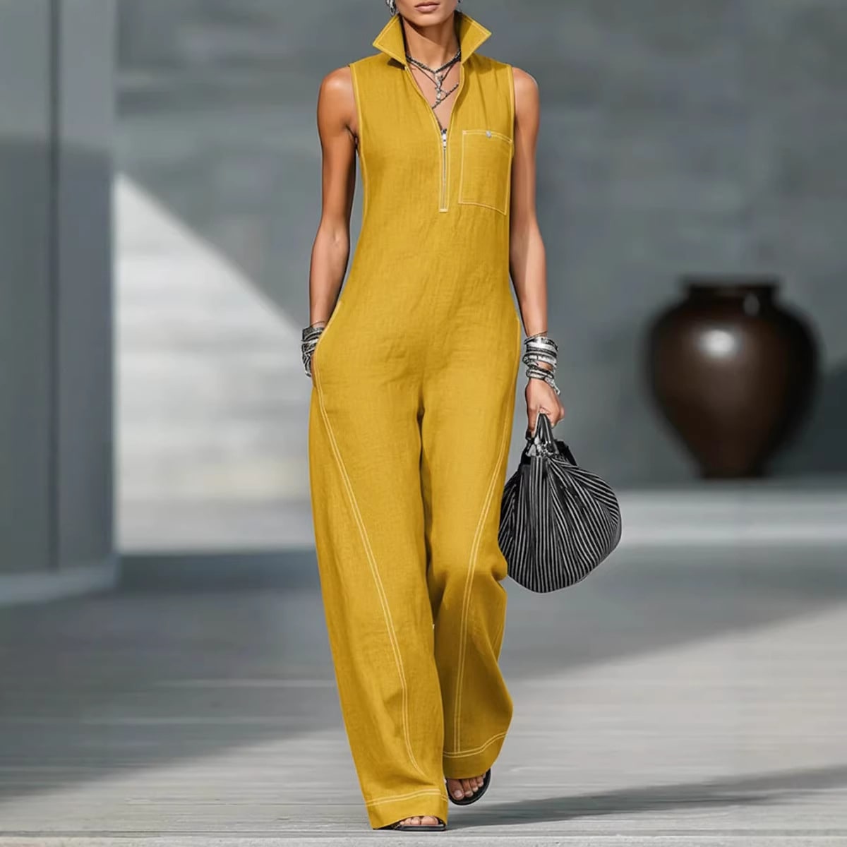 Stand-up Collar Jumpsuit With Pockets Summer Fashion Casual Sleeveless Jumpsuit Trousers Women's Clothing view 2