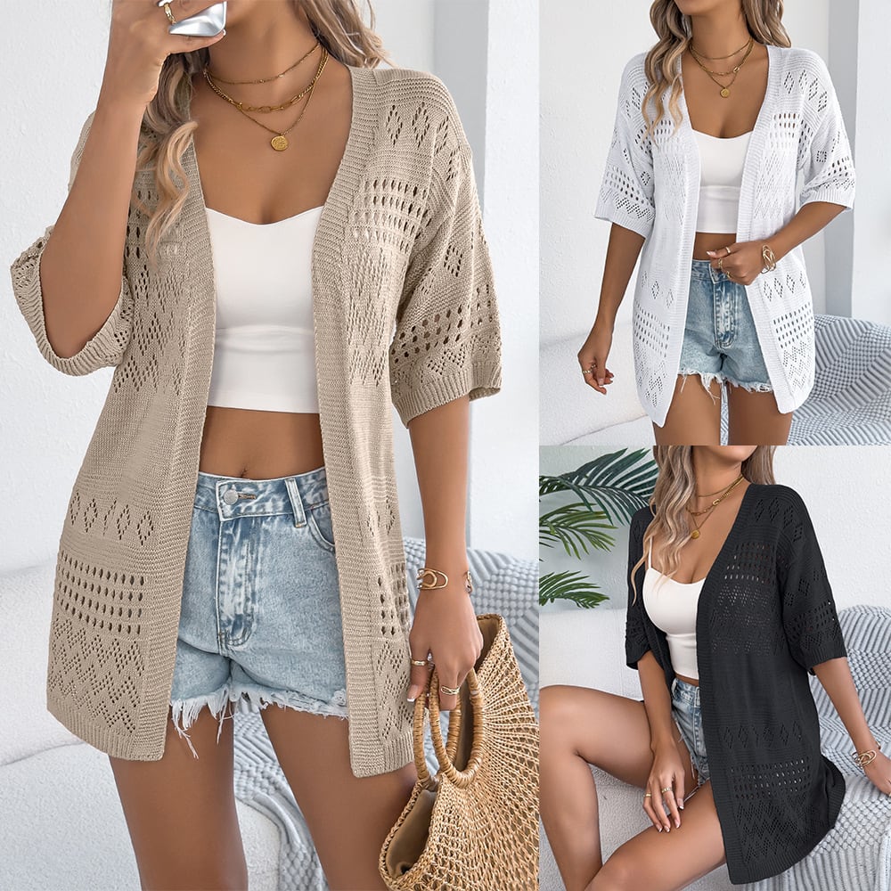 Leisure Solid Color Hollow Half-sleeved Knitwear view 8
