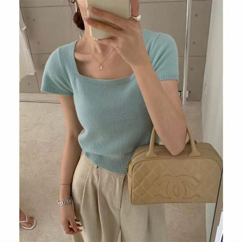 Solid Color Fashion Temperament Square Collar Pullover Short Sleeve Sweater view 6