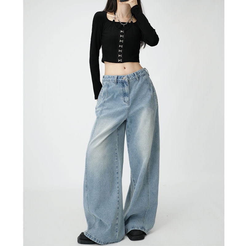 Loose Wide Leg Draping Mop Slimming High Waist Denim Trousers view 16