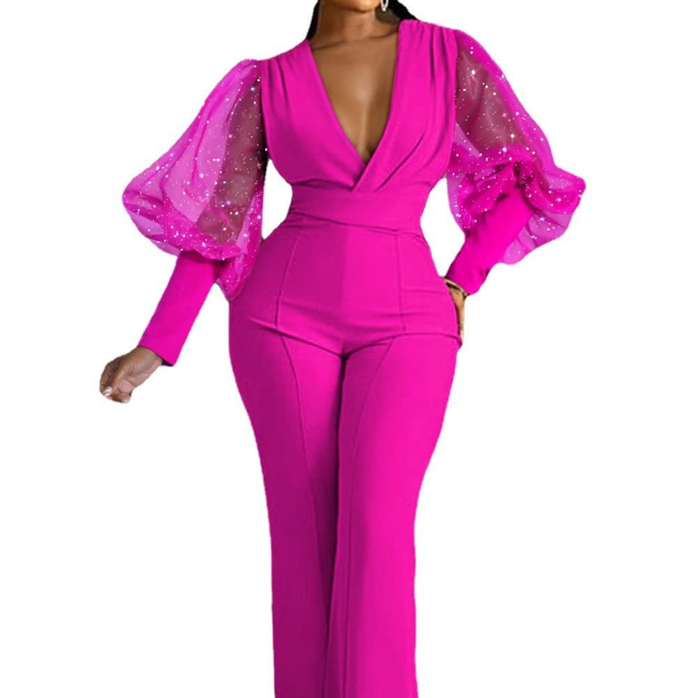 Mesh Stitching Long Sleeves Slim Wide Leg Jumpsuit view 3