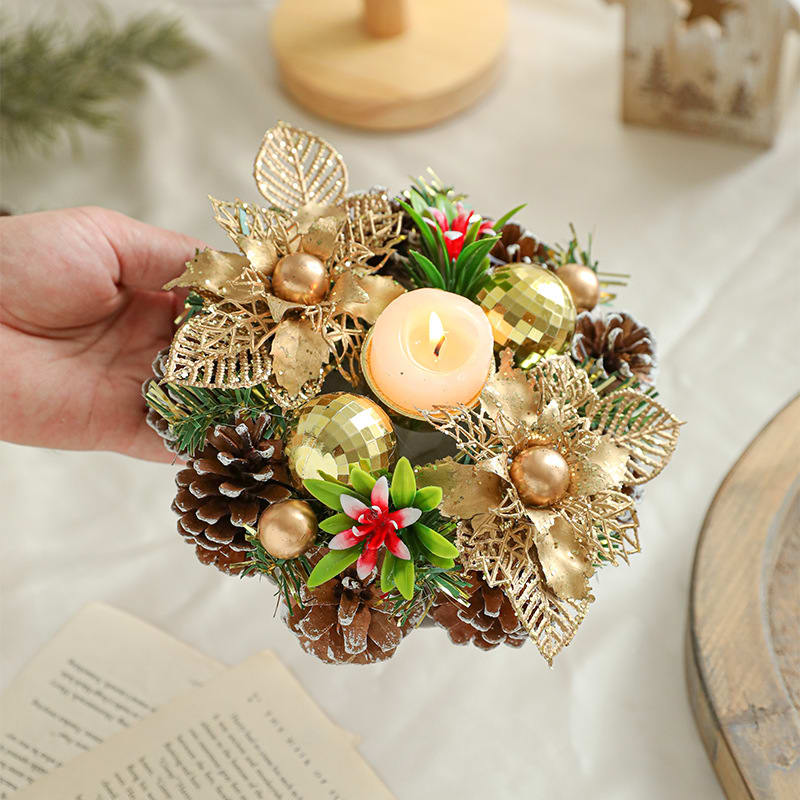 Christmas Candle Metals Candlestick Wreath Artificial Pinball Pinecone Candle Holder Fake Leaves Xmas New Year Home Table Decor view 4