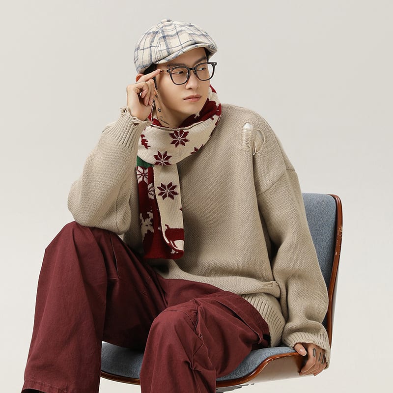 Retro Hollow-out Ripped Design Round Neck Sweater view 6