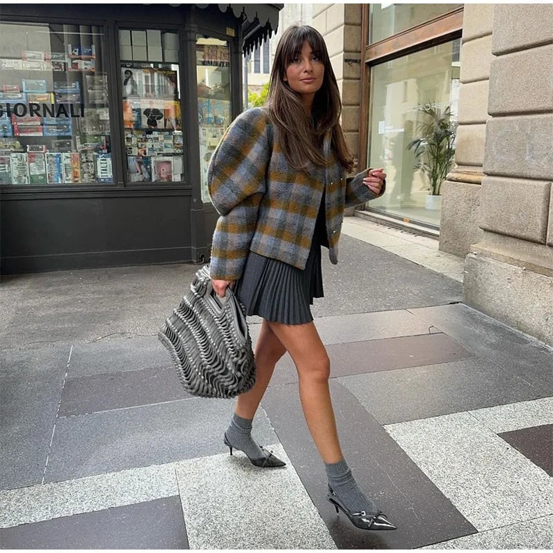 Women's Retro Contrast Color Check Coat view 6