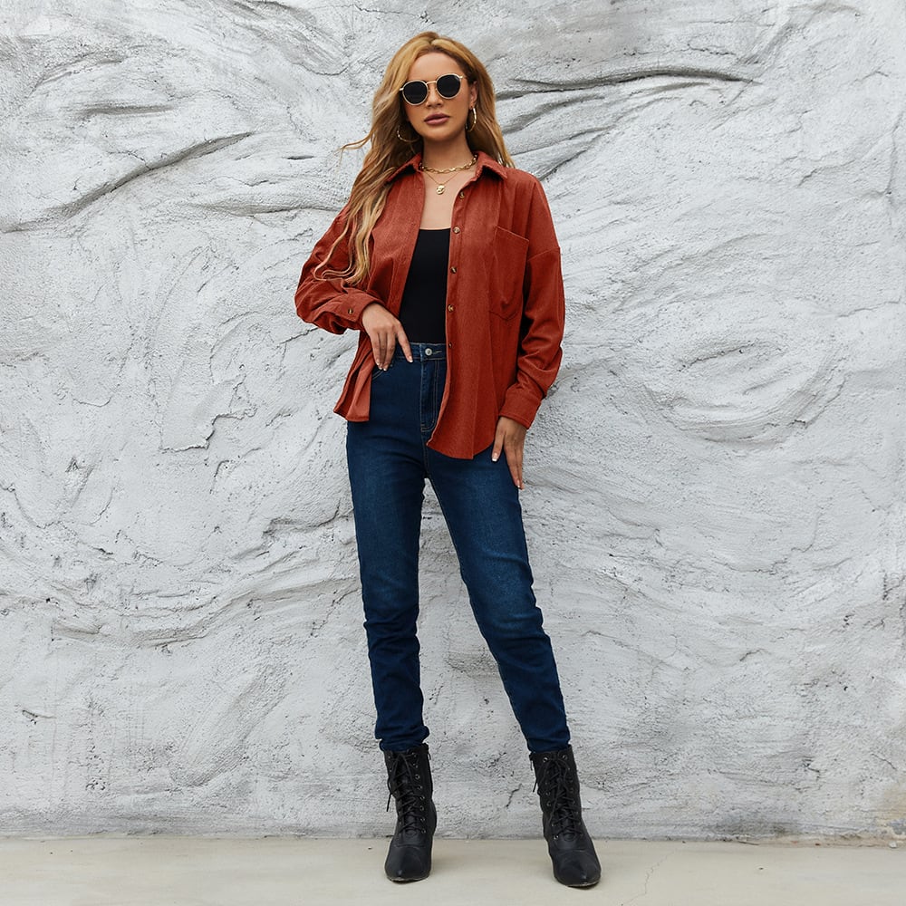 Corduroy Women's American Loose Jacket Coat Solid Color Shirt view 2