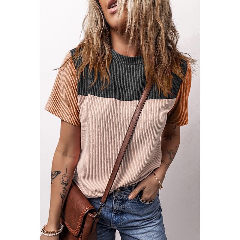Color Matching Rib Short-sleeved T-shirt Round Neck Three-quarter Sleeve Top view 10