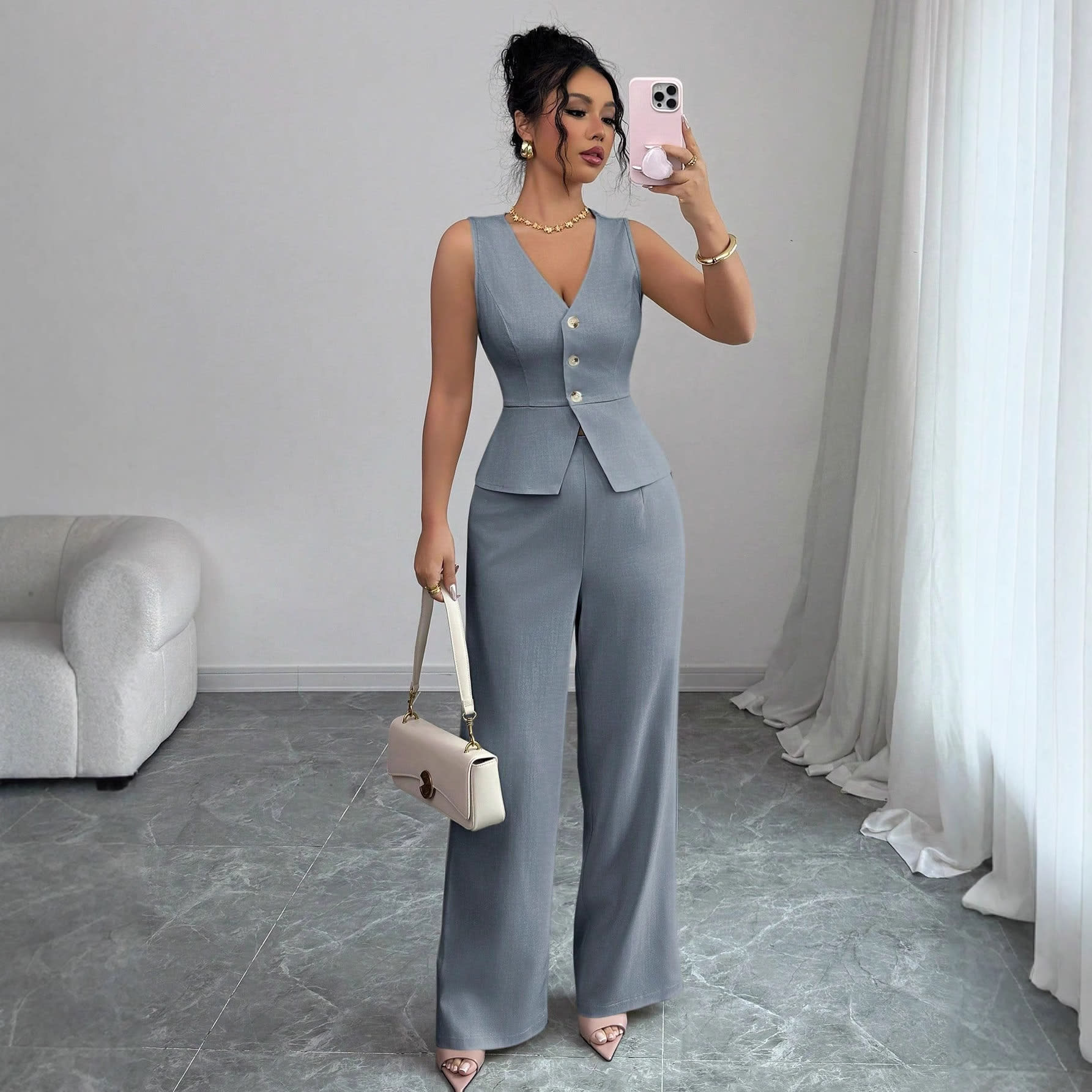 Summer Sleeveless Suit Slim V-neck Vest And High Waist Trousers Women's Two-piece Set view 12