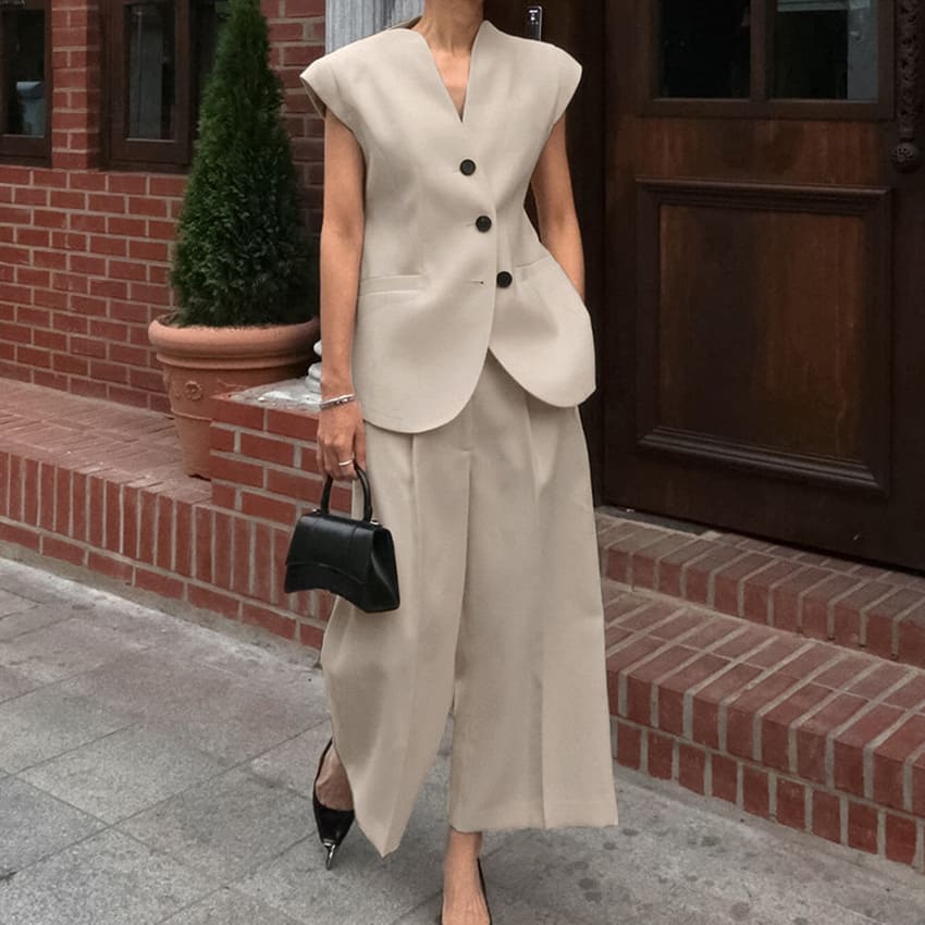 Khaki V-neck Sleeveless Vest High Waist Pants Suit view 1